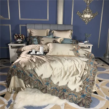 

luxury 120S Egyptian cotton Embroidery Bedding set Queen King Noble Lace Duvet cover Bed sheet set Pillowcase 4/6pc Golden royal
