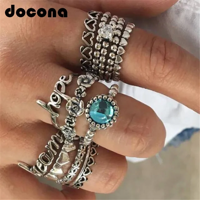 docona Vintage Silver Letter Flower Heart Knuckle Rings for Women Blue Crystal C docona Vintage Silver Letter Flower Heart Knuckle Rings for Women Blue Crystal C