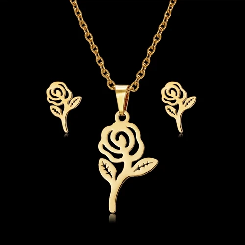 RINHOO бабочка роза цветок Сердце лист Золото Цвет наборы из нержавеющей стали для женщин ожерелье серьги ювелирный набор Свадебные ювелирные изделия - Окраска металла: Rose