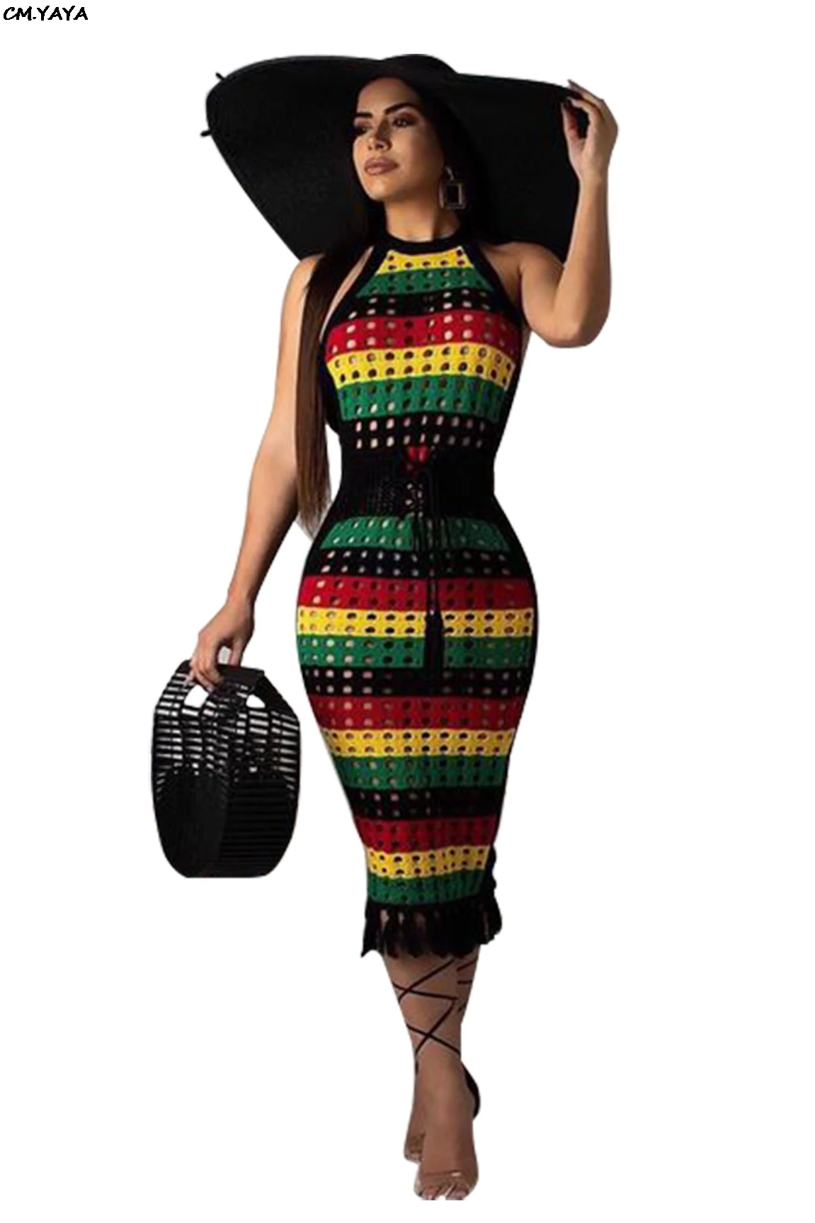 

2019 new women dot hollow out colorful stripes sleeveless tassel hem midi dress beach summer bohemian dresses 3 color CY8101