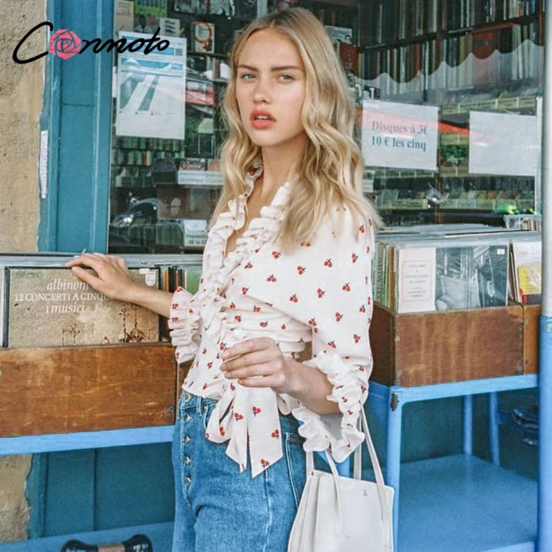Conmoto Шифоновая блузка с вишнёвым принтом повседневные топы и блузки облегающая