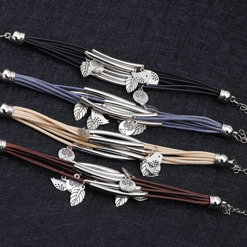 Новые модные серебряные подвески листья тибетские серебряные Многослойные браслеты для женщин Pulseiras кулон ручной работы браслеты и браслеты