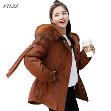 FTLZZ, женская короткая куртка, с капюшоном, с хлопковой подкладкой, зимнее пальто, парка, Женская свободная парка, большой меховой воротник, куртки