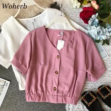 Woherb 2021 estilo coreano Top corto de verano casuales de las mujeres camisa de la gasa de la manga de la Blusas Tops y Blusas para mujer Elegante 21082
