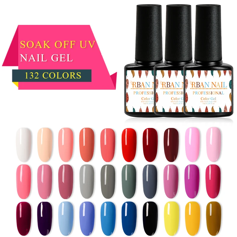 

RBAN NAIL 7ML Nail Gel LED Lamp Gel Lacquer 132 Colors Pure Colors Semi Permanent Gel Varnish Nail Primer Base Top Nail Art Tips