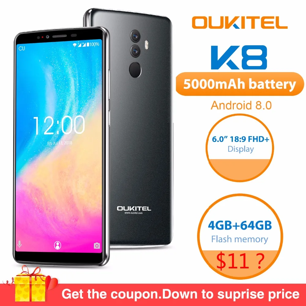 OUKITEL K8 Android 8 0 6 &quotFHD + 18:9 MTK6750T Восьмиядерный 4 Гб ОЗУ 64 ПЗУ 5000 мАч 13 МП 5 отпечаток