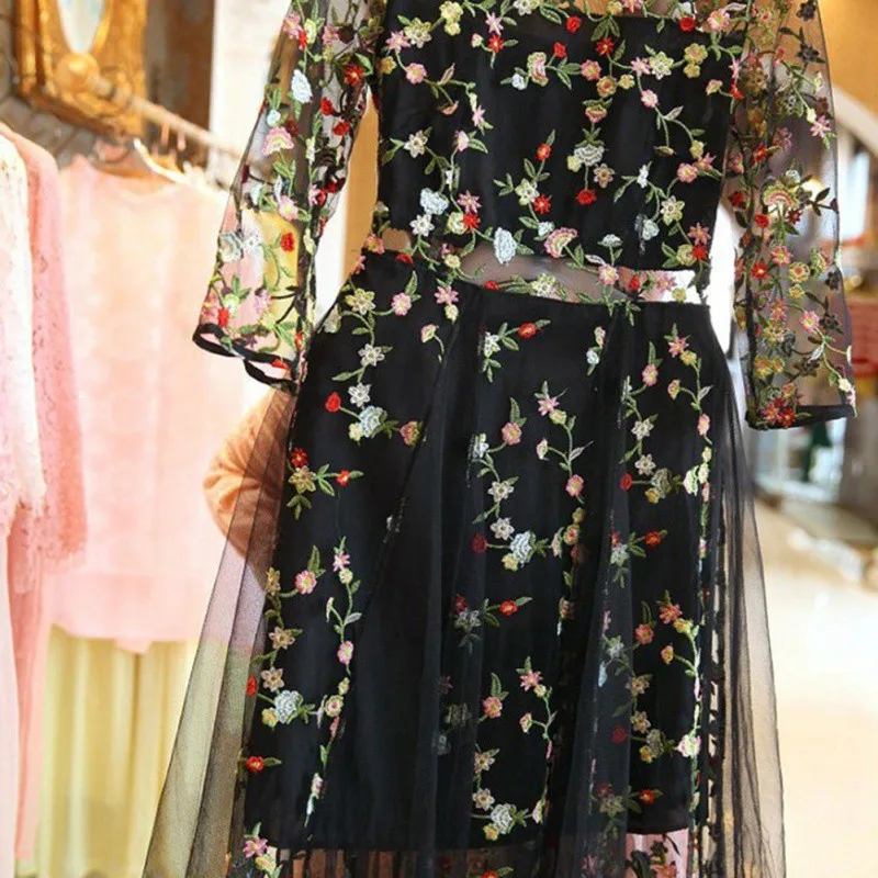Вышивка кружева сетки платья Бохо Винтаж Цветочный Мода Подиум платье повседневное прозрачные платья