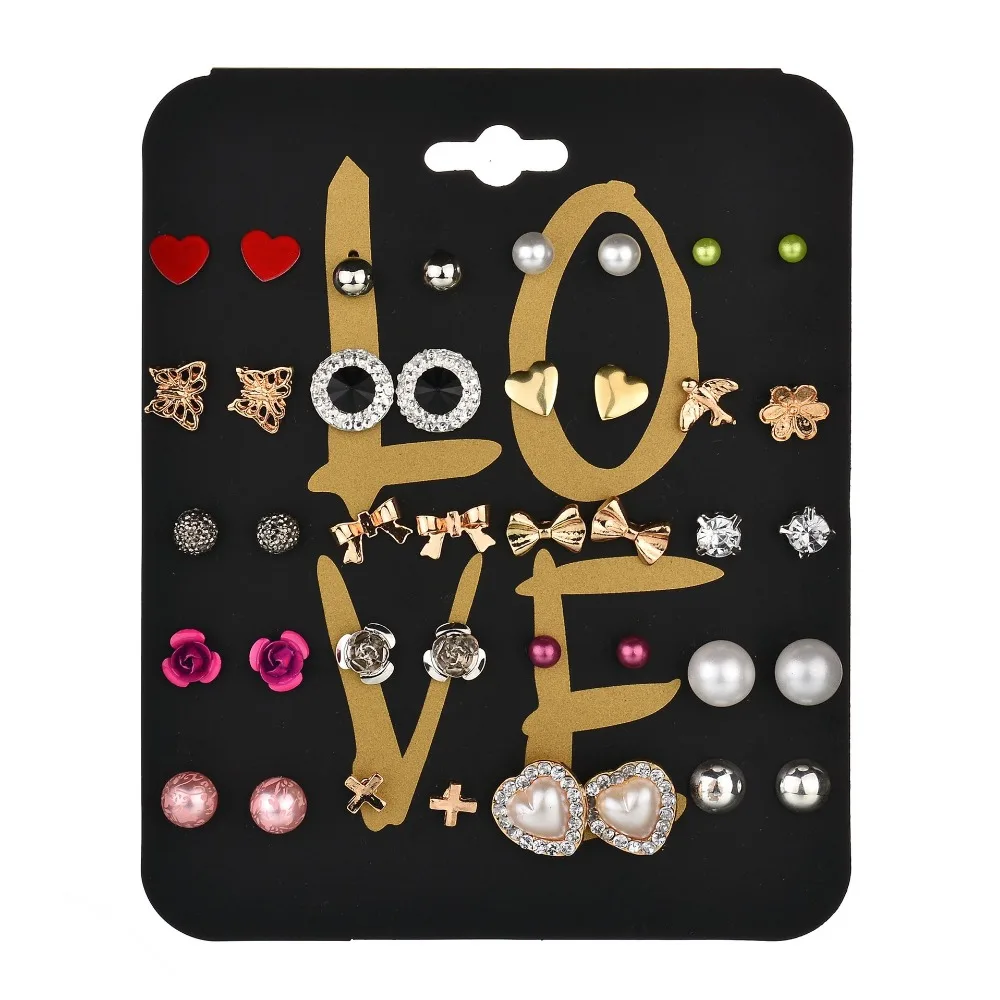 20 Pairs/lot Punk Fashion Stud Earrings Set For Women Elegant Mixed Crystal Flower Bow metal