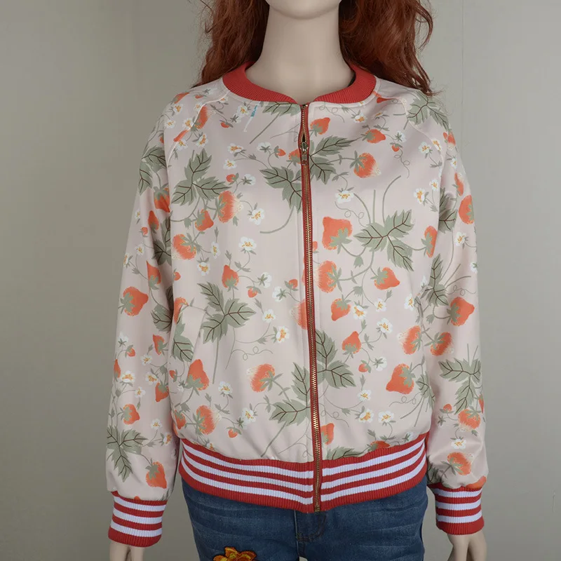 

Strawberry Printed Jacket Women Outerwear Spring Baseball Outerwear 2019 Clothes Print O-Neck Pockets Jackets Coat Women