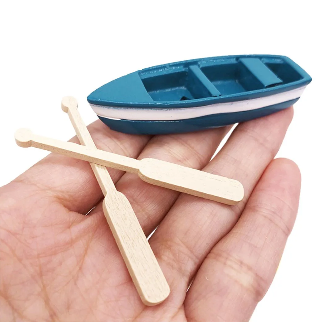 

1 Set Dollhouse Miniature Wood Boat Toys Blue Ship Paddle Model Set Wooden Kids Early Educational Toys (1Pcs Boat & 2Pcs Oars)
