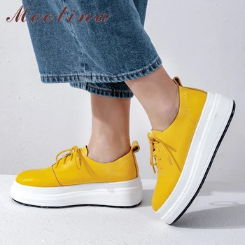 

Meotina Women Shoes Flats Sneakers Natural Genuine Leather Flat Platform Shoes Cow Leather Lace Up Shoes Ladies Gray Size 34-40