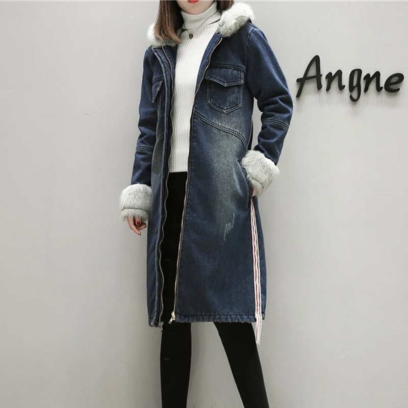 Plus Size XL- 5XL Winter Jacket Women Hooded Long Denim Jackets With Double Pockets Warm Velvet Coat Woman Jean Outwear Plus Size XL- 5XL Winter Jacket Women Hooded Long Denim Jackets With Double Pockets Warm Velvet Coat Woman Jean Outwear
