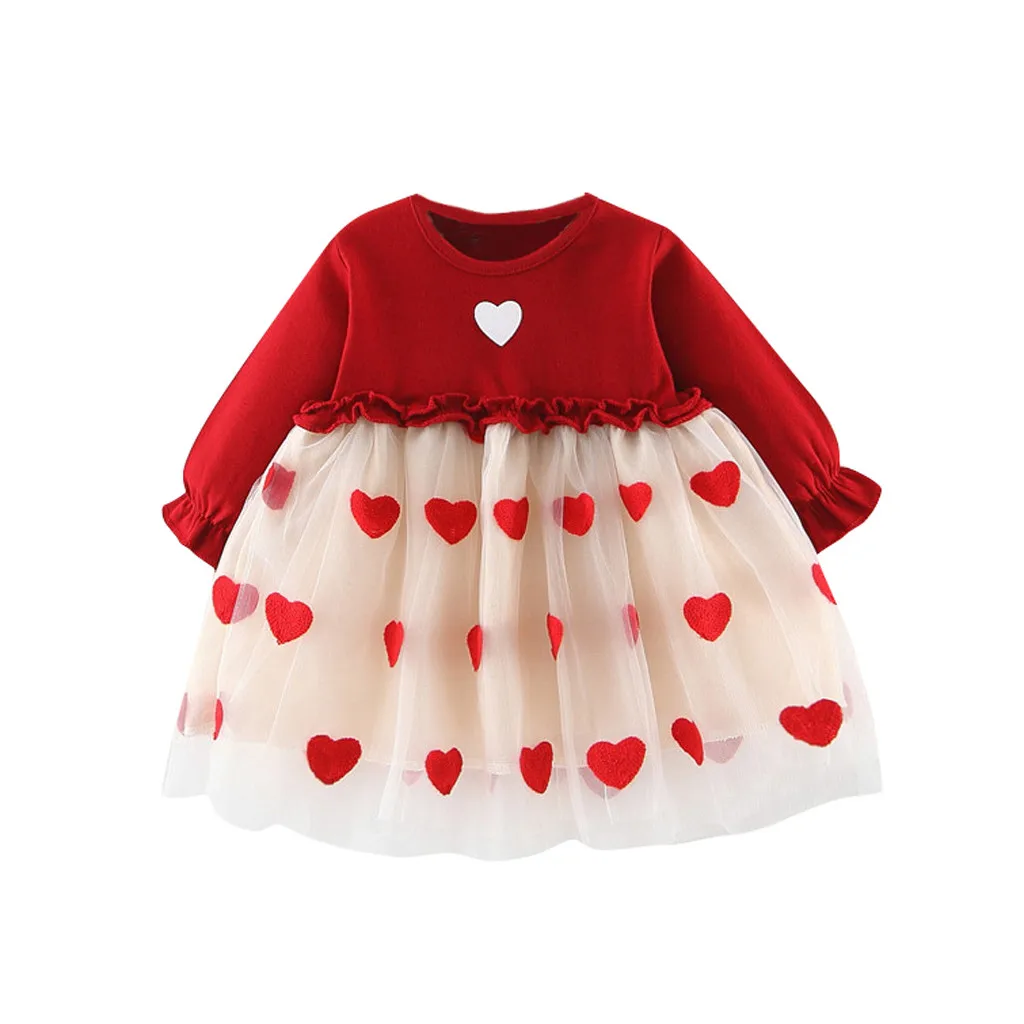 

Toddler Baby Derss Girls Ruched Tulle Dersses Patchwork Love Heart Print Dresses Clothes Party princess Skrit