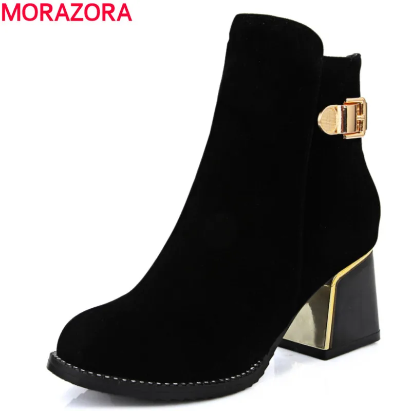 Meilleur MORAZORA Mode 2018 Offre Spéciale top qualité troupeau cheville bottes pour femmes automne hiver haute talon bout rond solide noir femmes chaussures