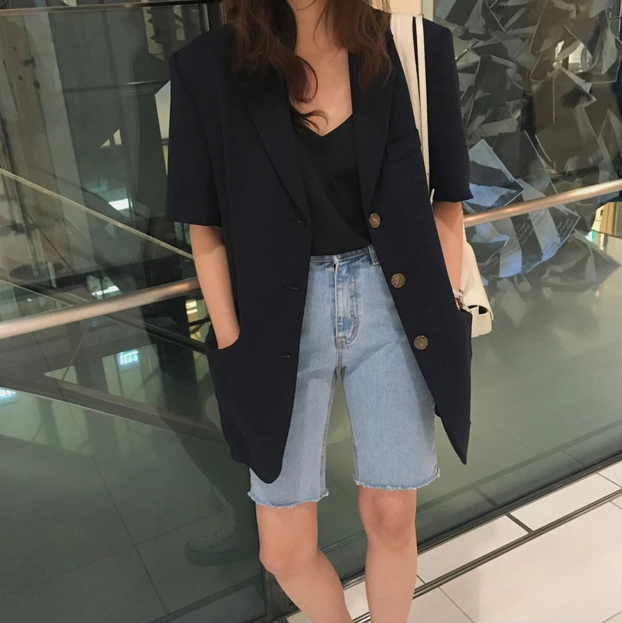 

2019 Summer Coat Women Short Sleeve Single Breasted Loose Solid Color Streetwear Korean Vintage Casual Coats an Jackets Women