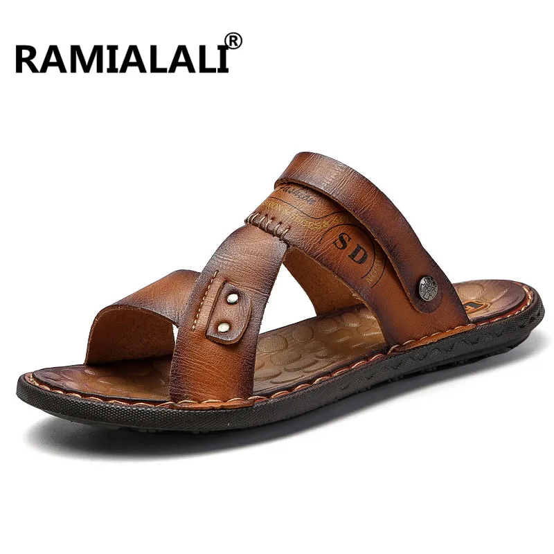 

Ramialali Leather Sandals Men Summer Leather Slippers Flats Rubber Sole Men Shoes Hombre Big Sizes 38-46