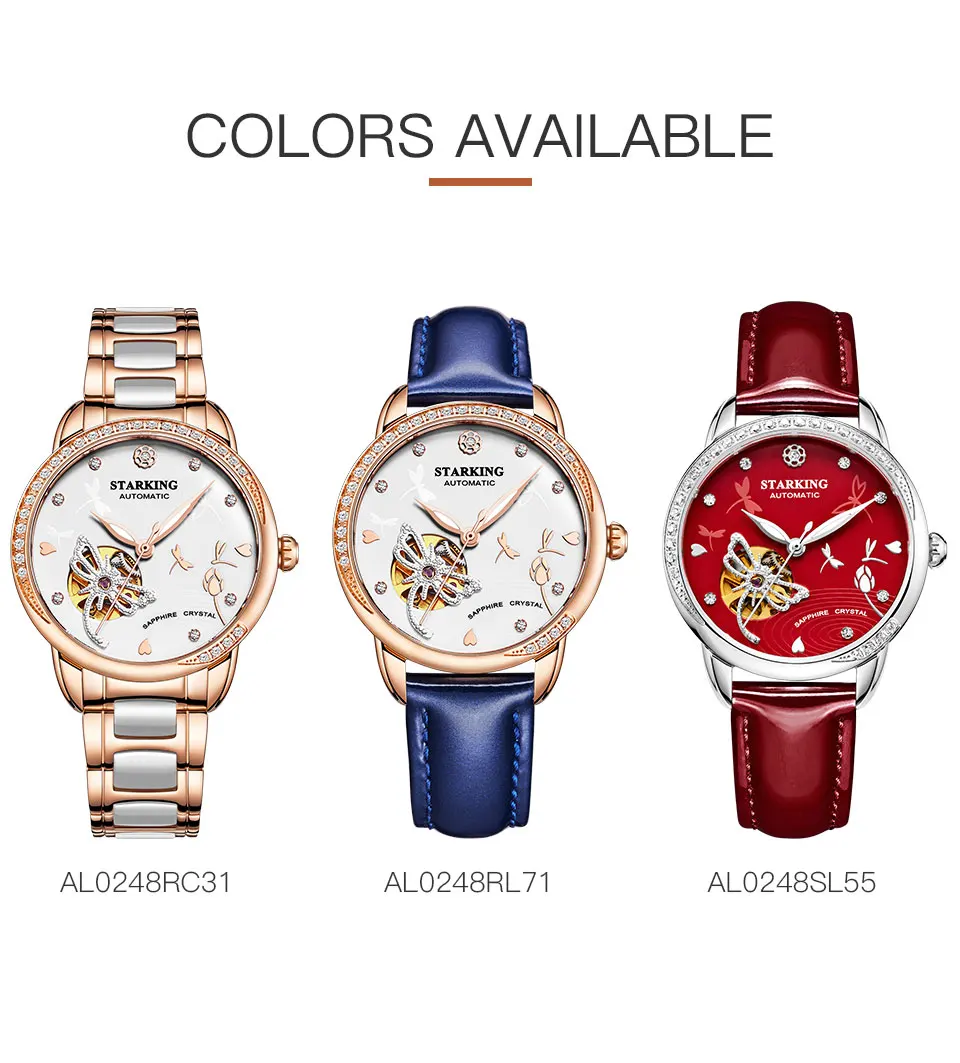 STARKING, женские автоматические механические часы с скелетом, роскошный бренд, сапфировый Белый Чехол, натуральная кожа, наручные часы, женские часы, 5ATM