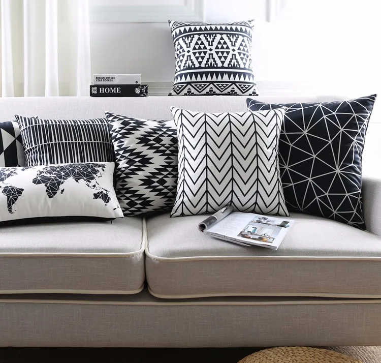 Черно-белые чехлы для подушек, домашние декоративные подушки, чехол с геометрическим узором, наволочки для подушек, карта, бархатный чехол для подушки для дивана