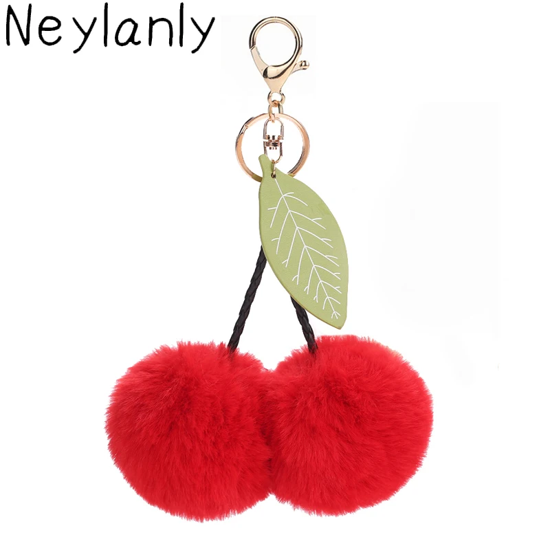 Buy 2018 Fur Pom Poms Cherry Keychains Cute Key Chain