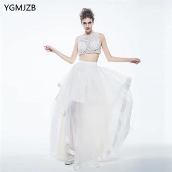 

Sexy White Two piece Prom dresses 2018 Lace Beading Tank See Through Tulle Long Formal Evening Gown Party Dresses