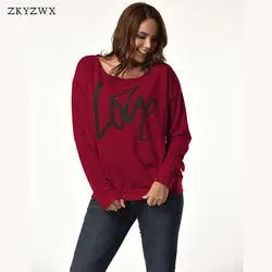 ZKYZWX Весна Уличная пуловер для женщин Толстовка повседневное Письмо печати с длинным рукавом Топ Sexy Толстовка открытыми плечами