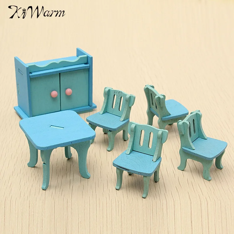 

KiWarm 1Set Blue Wooden Doll House Furniture Dinning Miniature For Kids Play Toy Figurines Ornaments Gadget for Home Decor Craft
