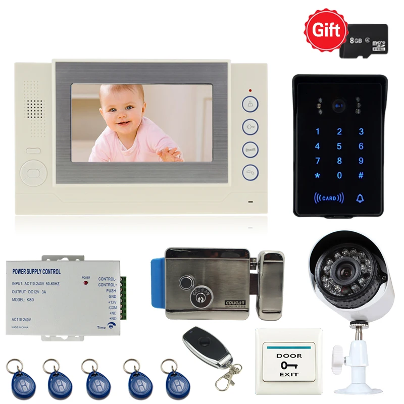 

JEX 7`` LCD COLOR Video Door Phone Doorbell Intercom system kit Record Monitor + RFID Access COMS Camera + CCTV Camera +E-lock