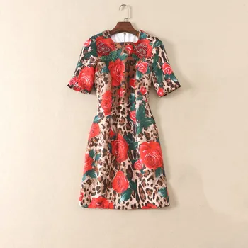 

Women Dress 2019 High Quality Runway Summer O-Neck Short Sleeve Printed Beading Casual Mini Dresses NP0362N