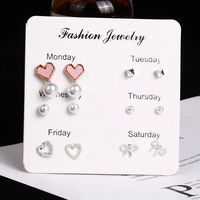 

Set Korean Fashion New Earrings Temperament Geometric Personality Youth Wind Love Pearl Bow 6 Piece Set Ladies Earrings