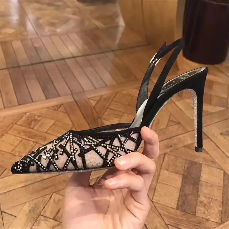 

2019 new transparent sexy high heel women color matching pointed word with baotou rhinestone sandals