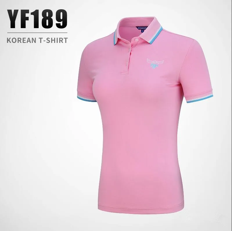 PGM Новая женская однотонная Спортивная одежда для гольфа летняя футболка с короткими рукавами и воротником на пуговицах быстросохнущие дышащие спортивные рубашки для гольфа - Цвет: Розовый