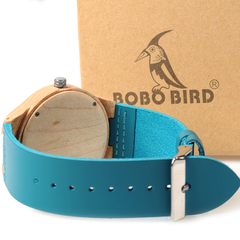BOBO BIRD WF20 Bamboo Wooden Watches Hot Blue Leather Band Ebony Pine Wood Case Quartz Watch for Men Women