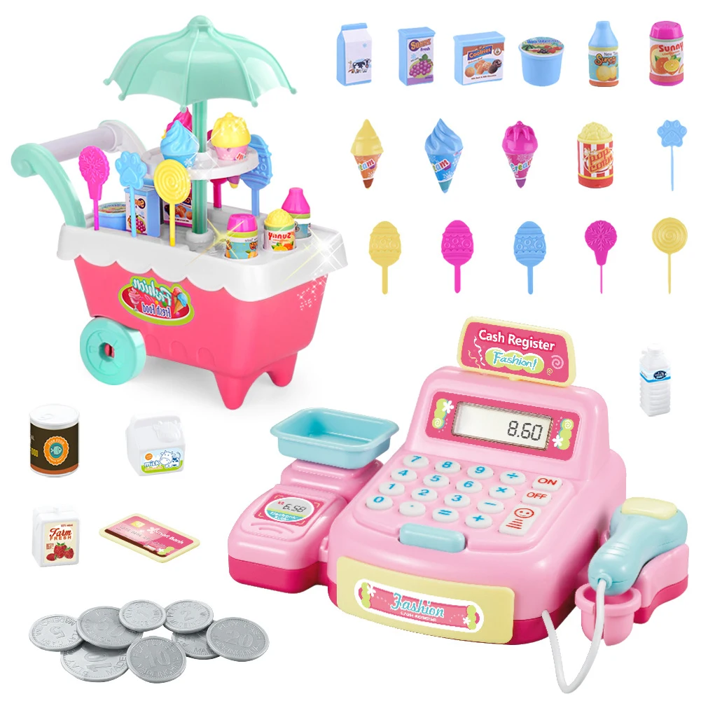 

Plastic Kids Funny Mini Trolley Toy Set Lighting Smooth Pretend Play Gift Cash Register With Music Educational Simulation