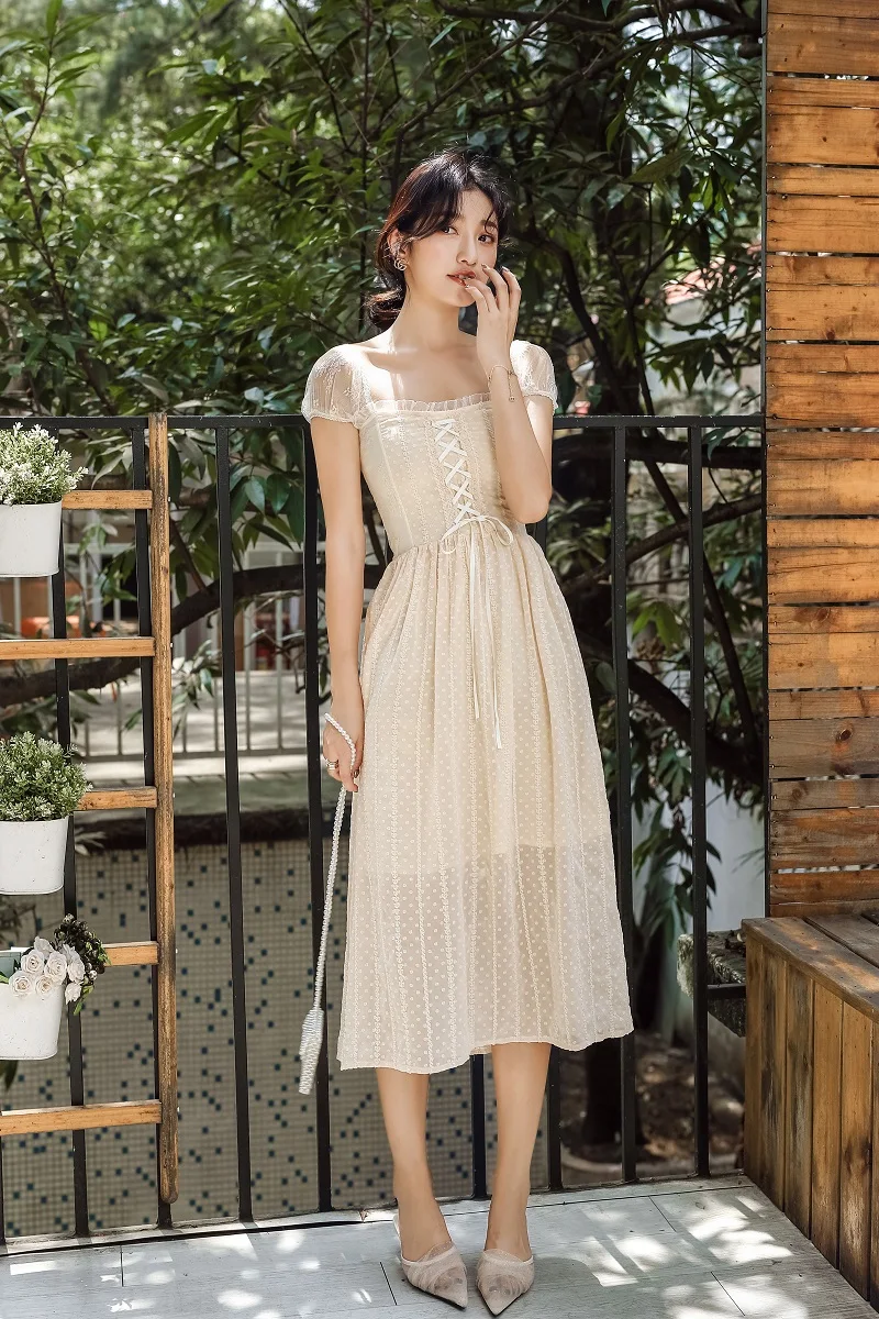 new fashion women's dresses Apricot lace short-sleeved dress French retro