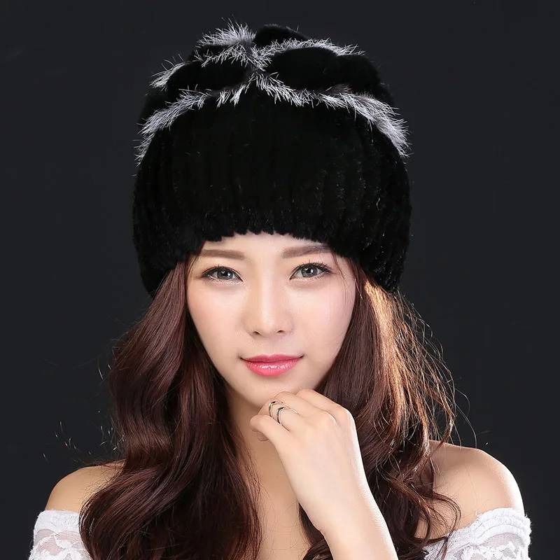 HSPL, зимние шапки для женщин, натуральный мех кролика Рекс, зимние шапки для леди, модная меховая шапка, теплые шапки, женский головной Убор - Цвет: Черный