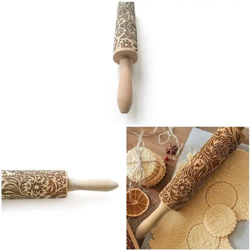 

Wooden Rolling Pin Embossing Christmas Baking Cookies Biscuit Fondant Tool GQ999