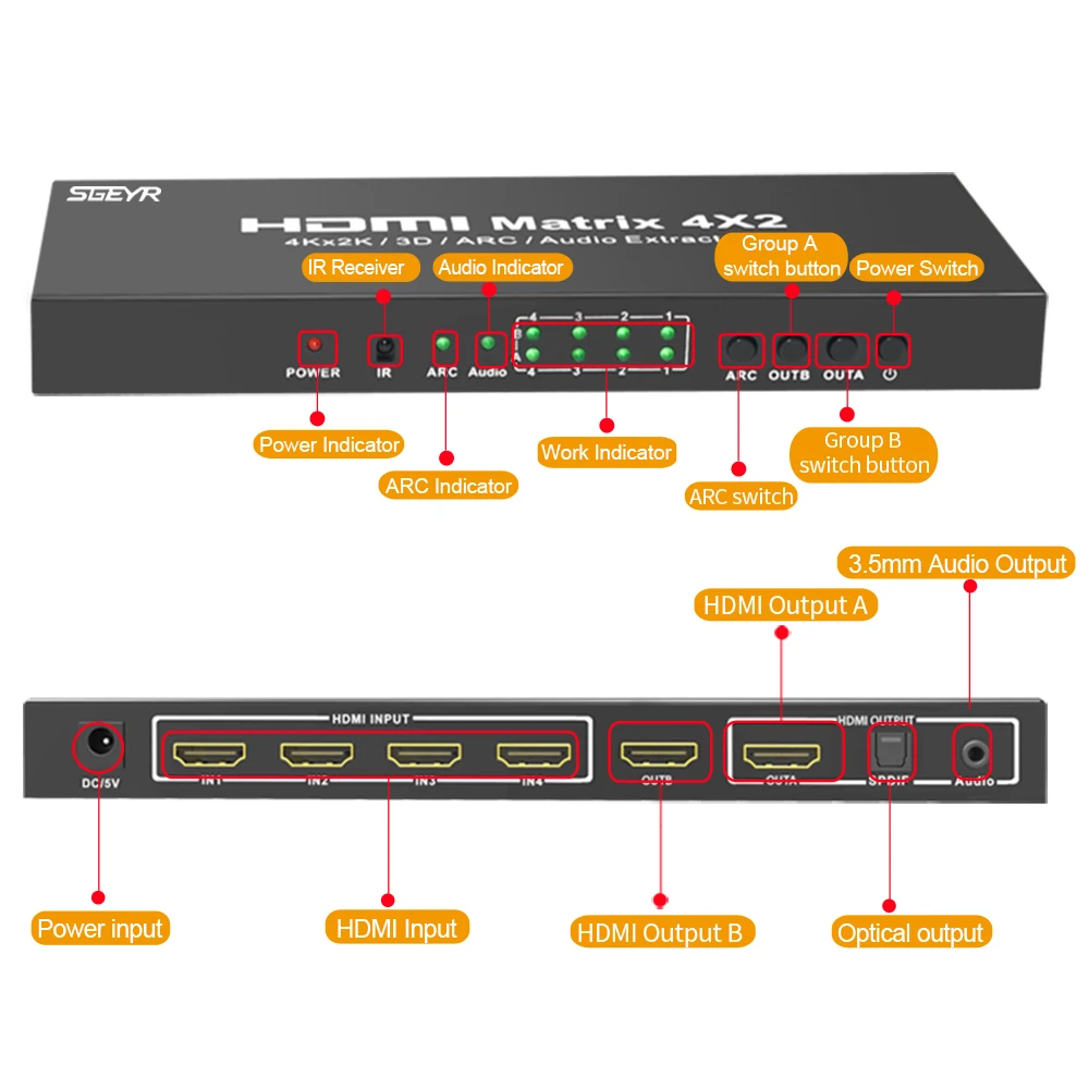 HDMI Matrix SGEYR 4x2 HDMI Matrix Switch Splitter 4Kx2K 4 in 2 Out HDMI Switcher with 3.5mm Audio Extractor+Optical HDMI Matrix SGEYR 4x2 HDMI Matrix Switch Splitter 4Kx2K 4 in 2 Out HDMI Switcher with 3.5mm Audio Extractor+Optical