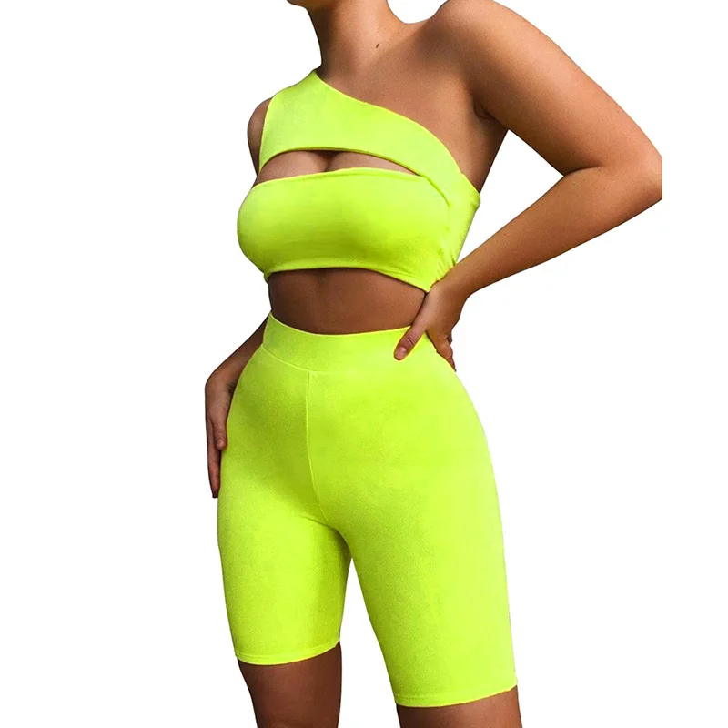 

2019 New Arrival Hollow Out Two Piece Set One Shoulder Women Sports Sets Summer Hip Push Up Tracksuit Crop Top Sports Suits