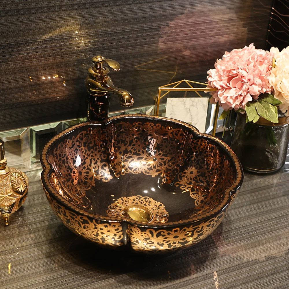 Фабрика Jingdezhen в форме цветка непосредственно Керамическая ручная роспись умывальник раковины для ванной комнаты черный с золотым узором LO613424