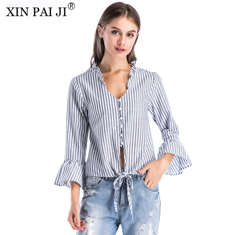 

2018 Spring Summer Women Tops Shirt Striped Single-Breasted Stand Flare Sleeve Casual Blouse Shirts