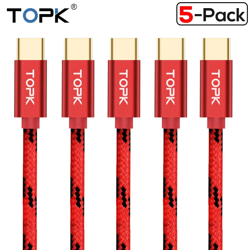 

TOPK [5-Pack] USB Type C Cable Data Sync USB-C Charger Cable For Samsung XiaoMi Huawei Adapter Mobile Phone Cable