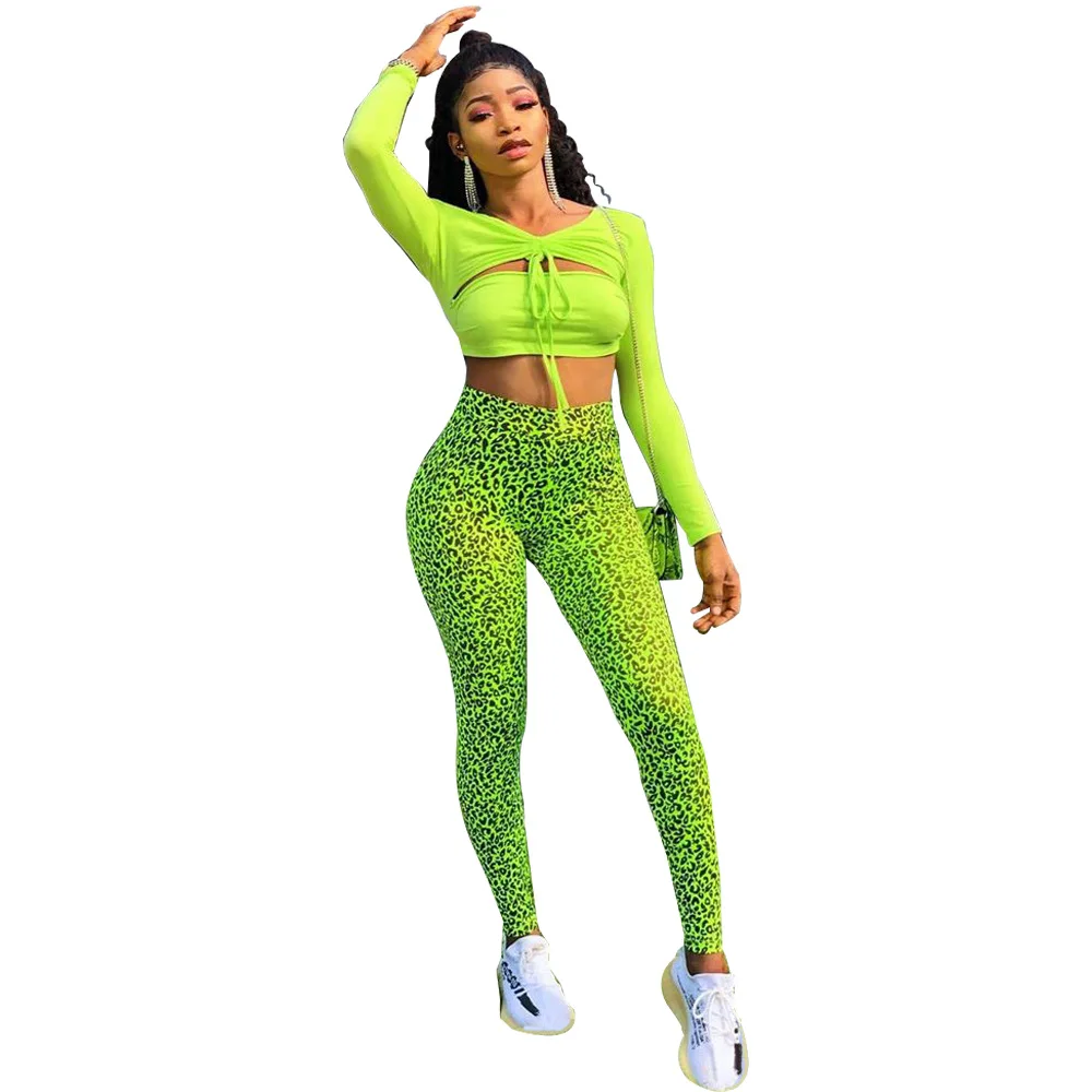

Leopard Print Bodycon Two Piece Sets Autumn Sexy Women 2 Piece Set Top and Pants Neon 2019 Party Club Tracksuit Women Set Outfit