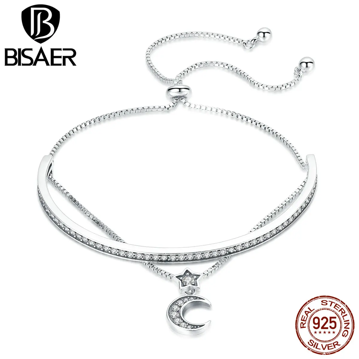 BISAER 925 فضة القمر نجمة مزدوجة طبقات تنس أساور أساور للنساء واضح مكعب الزركون غرامة مجوهرات ECB109