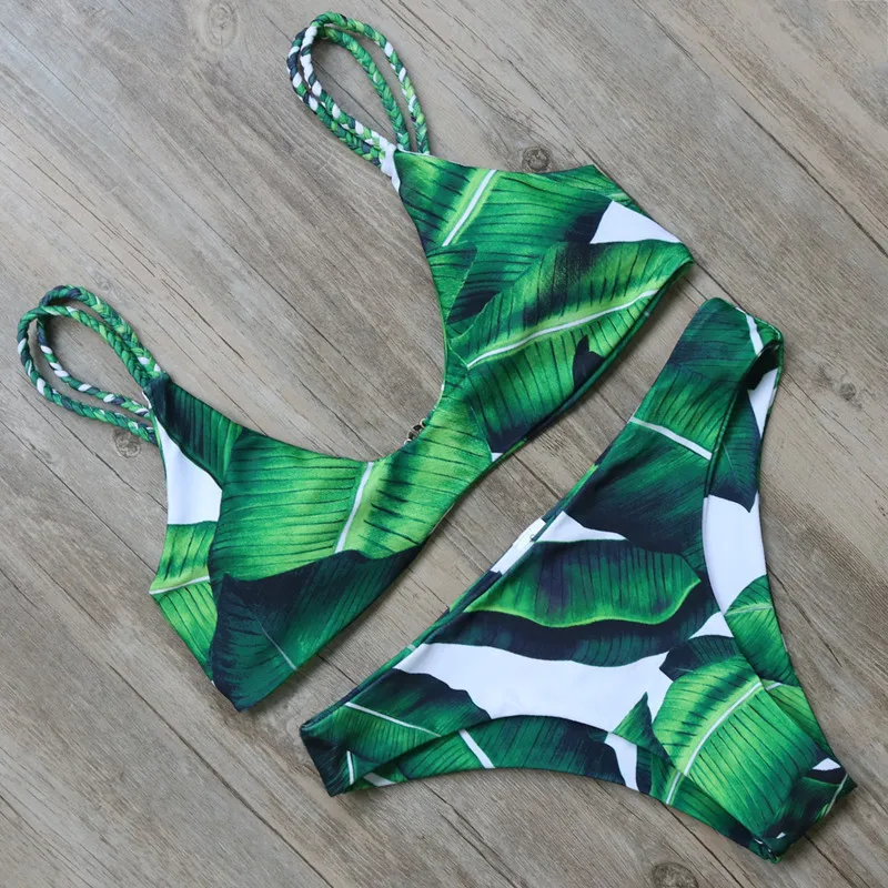 

TDFunlive 2019Sexy Strappy Bikini Bandage Swimwear Leaves Tropical Swimsuit Retro Bikini Set Brazilian Bikinis Women Bathingsuit