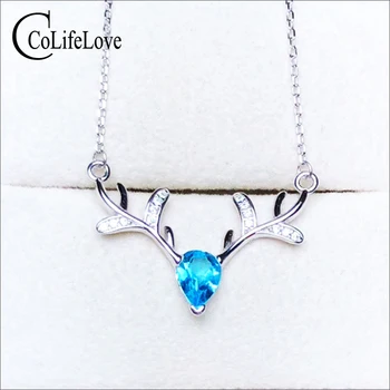 

Fashion silver deer head pendant Light blue topaz necklace pendant 5 mm * 7 mm natural topaz pendant 925 silver topaz jewelry