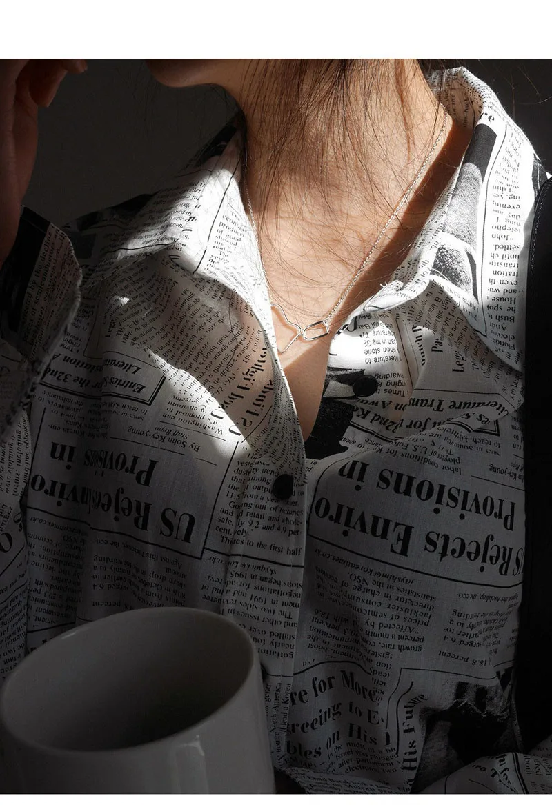 Рубашка с принтом газет, с отложным воротником, повседневная, свободная, офисная, для девушек, Топ с длинным рукавом, модная, классная, с надписью, женская блуза T91012R