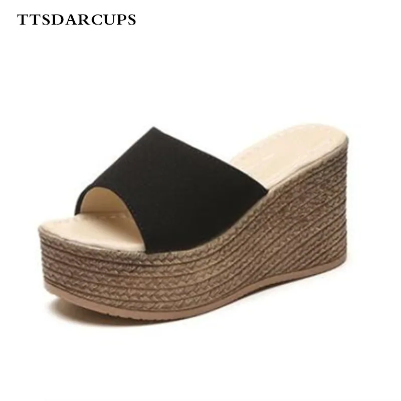 

Summer High heel slippers with sloping heels and thick soles Straw bottom fisherman's shoes