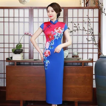 

Spring Vintage Long Lady Dress Chinese Style Sexy Blue Women Qipao LargeSize 3XL 4XL Cheongsam Print Flower Vintage Vestidso
