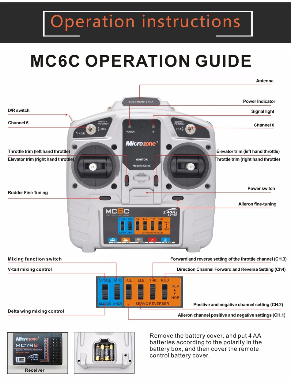 MicroZone MC6C 2,4G 6CH контроллер передатчик приемник радиосистема для SU27 радиоуправляемый самолет, Квадрокоптер multirotor вертолет автомобиль Лодка