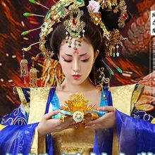 Тематическая фотография сапфировый синий костюм для дворца императрицы или принцессы династии Тан женский костюм с высокой талией Фэн Цю Хуан